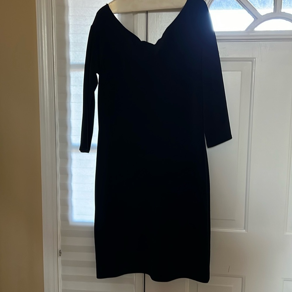 Black polyester knit knee length dress
